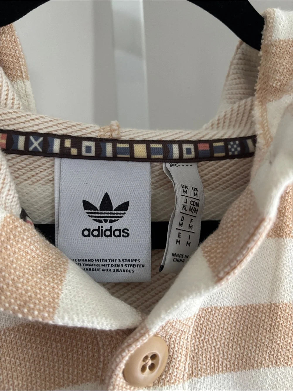 Adidas Tan & White Striped Henley Hoodie Pullover Sweatshirt Mens Knit Shirt